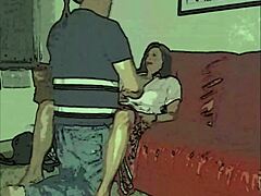 La abuela y el abuelo se ponen traviesos en el sofá en un video de dibujos animados temprano