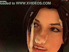3D-cartoon van wulpse moeder die wordt gestikt door Lara Croft