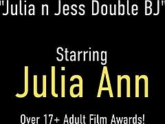 Twee ervaren vrouwen, Julia Ann en Jessica James, delen een penis en gaan deepthroaten