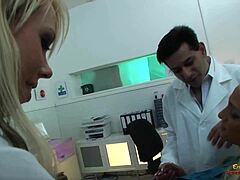 A blonde woman receives oral sex from a nurse during a checkup before engaging in sexual intercourse