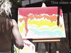 Blonde MILF painter strips outdoors in seductive display