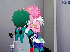 Mina Ashido og Momo Yaoyorozu slutter sig til Izuku Midoriya til en intens trekant i My Hero Academia hentai