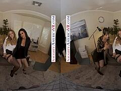 Virtuaalitodellisuusporno, jossa seksikkäät työtoverit Jaime, Michaelelle, Kayley Gunner ja Lexi Luna toimistouniformeissaan