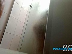 Amateur couple enjoys a gas shower with natural tits and assfucking