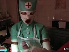 Sjuksköterskan Jade Green i maskhandskar ger en patient analfisting och avsugning i gummiutrustning