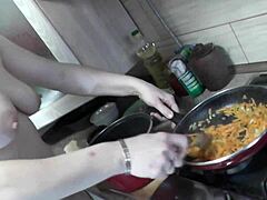 Sexy blonde MILF frina fingers her hairy pussy and gets fingered in the kitchen