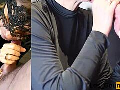 MILF amatur memberikan blowjob kepada suaminya dalam gaun hitam yang menggoda dan menerima facial dalam 4k